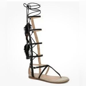 Aldo Crapo Caged Tie Up Gladiator Strappy Festival Sandals Tassel Feather Black